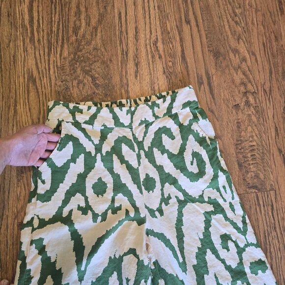 Rachel Zoe Wide Leg Boho Cropped Linen Pants EUC- Women's Size M - Green/Cream - Picture 5 of 11